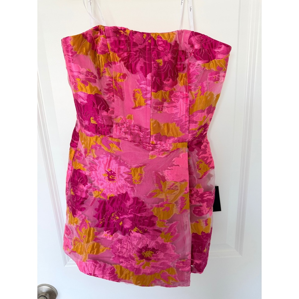 Lulus Pink Orange Floral Jacquard Strapless Wrap Romper XS NWT